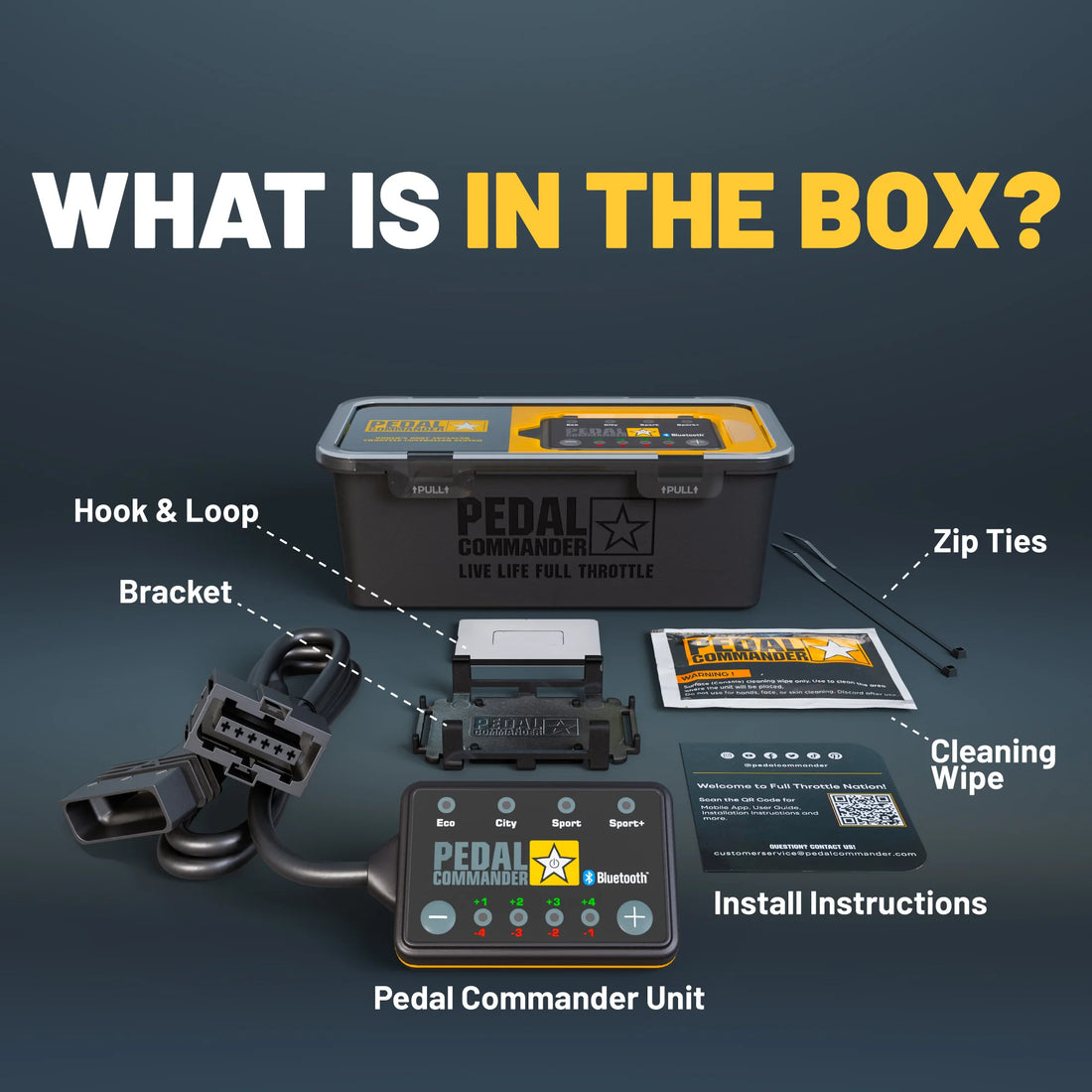 Product packaging with Pedal Commander® unit, hook & loop bracket, zip ties, cleaning wipe, and install instructions